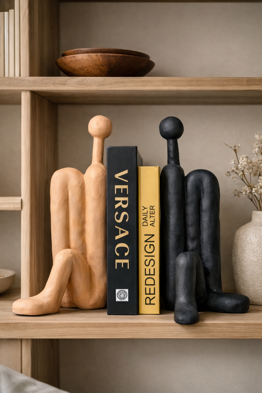 Decorative bookends shaped like legs on a shelf with books and a vase.