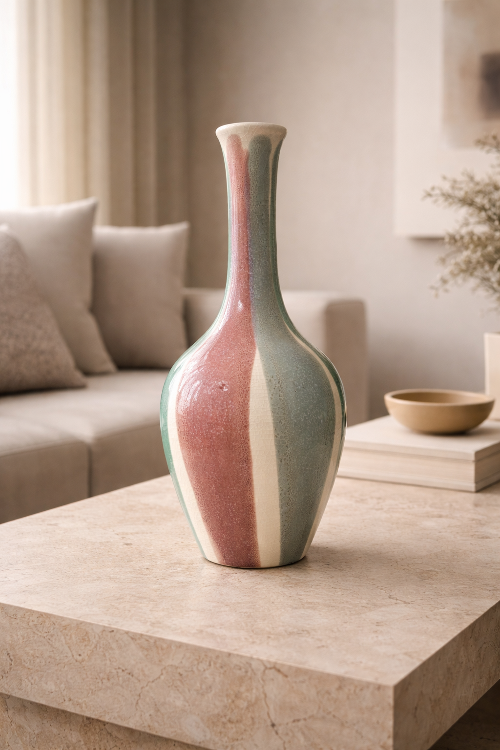 Decorative vase on a coffee table in a living room setting