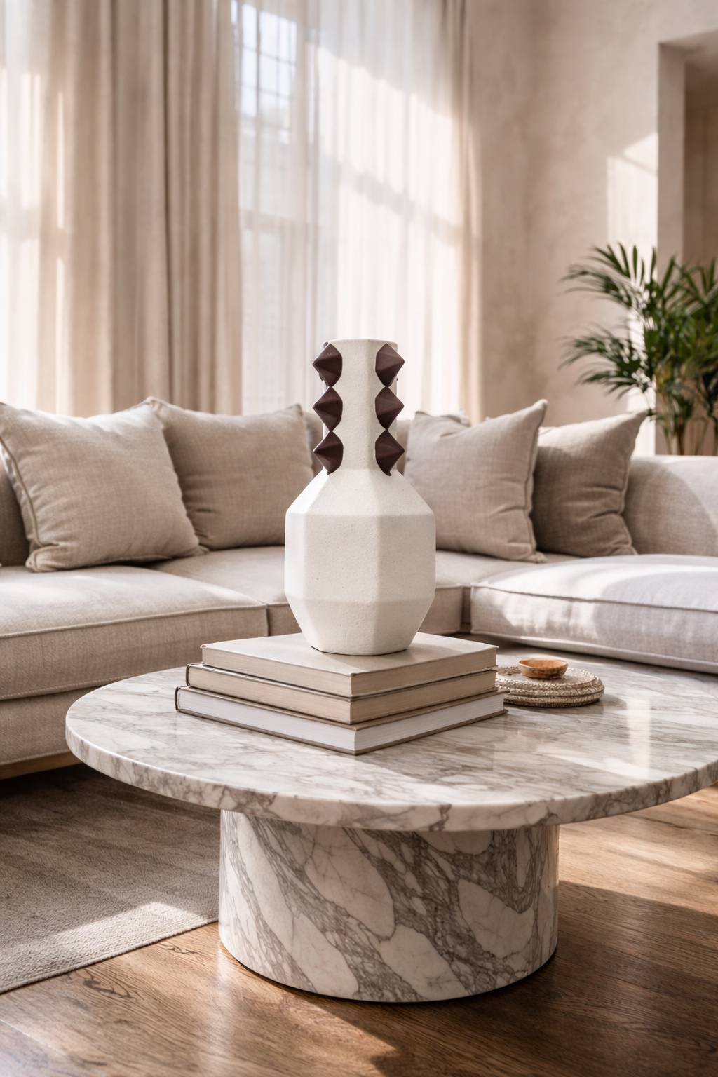 Modern living room with marble coffee table, decorative vase, and books.