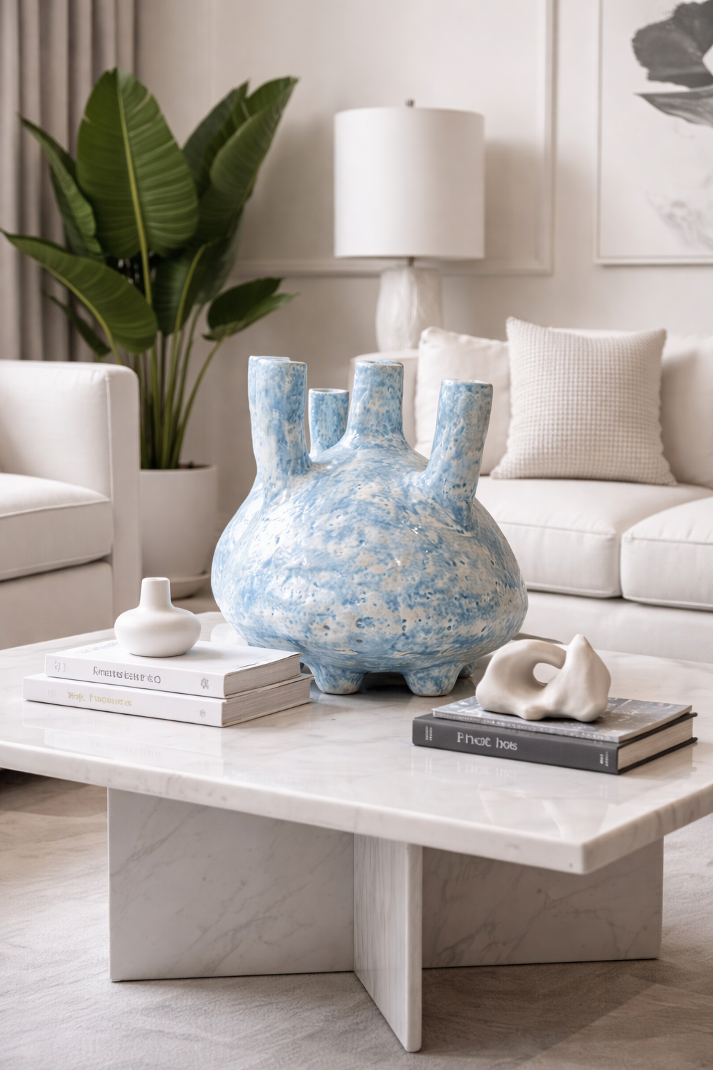 Blue ceramic vase on a marble coffee table in a living room setting