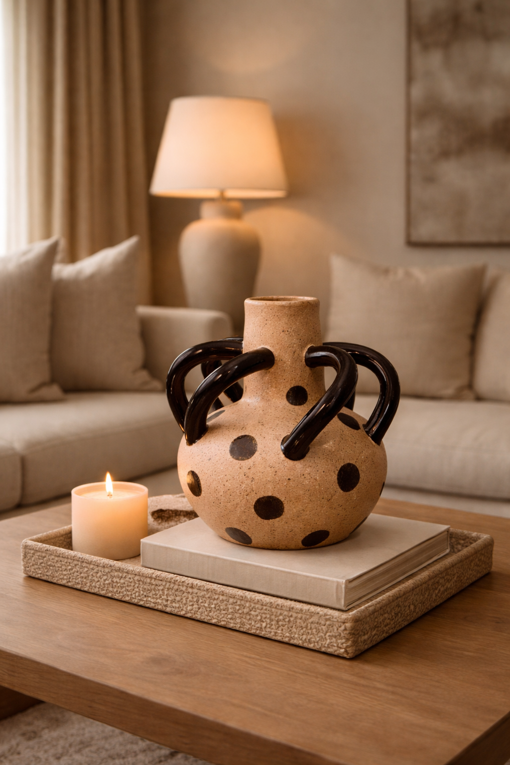 Ceramic vase with black accents on a wooden table in a living room setting.