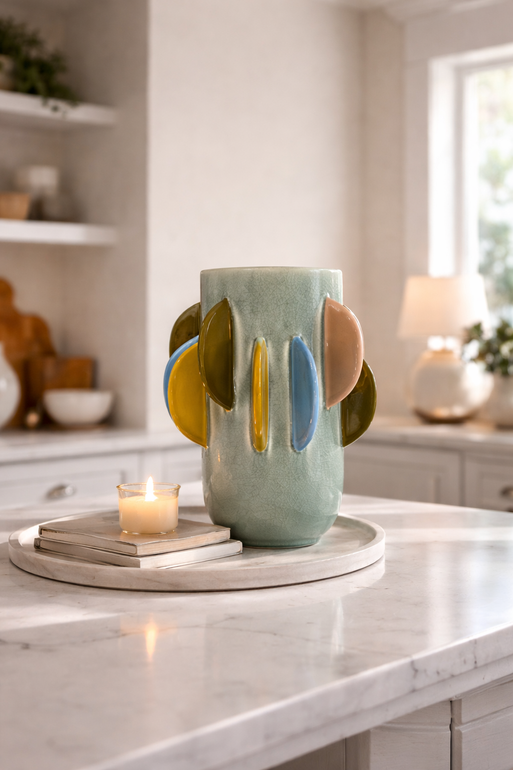 Decorative ceramic vase with abstract design on a marble countertop in a kitchen.