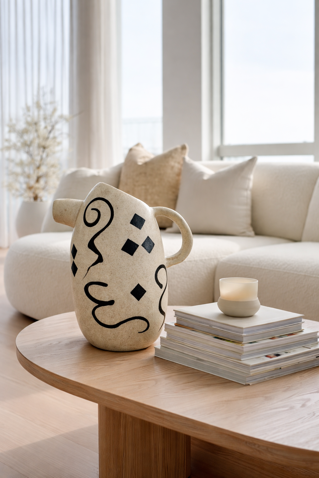 Decorative vase on a wooden table with a couch and window in the background