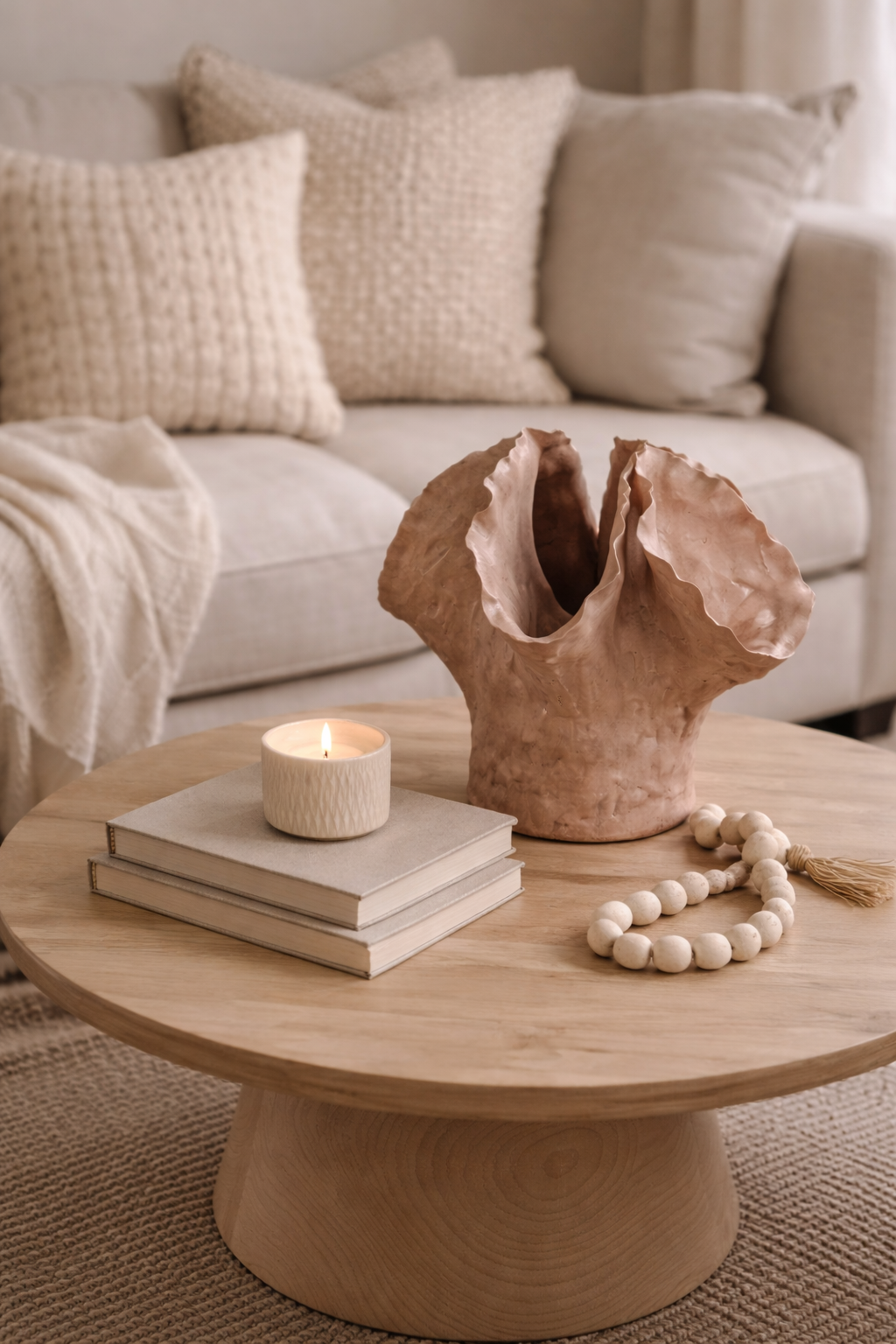 Round wooden coffee table with a ceramic vase, books, and a candle in a living room setting.