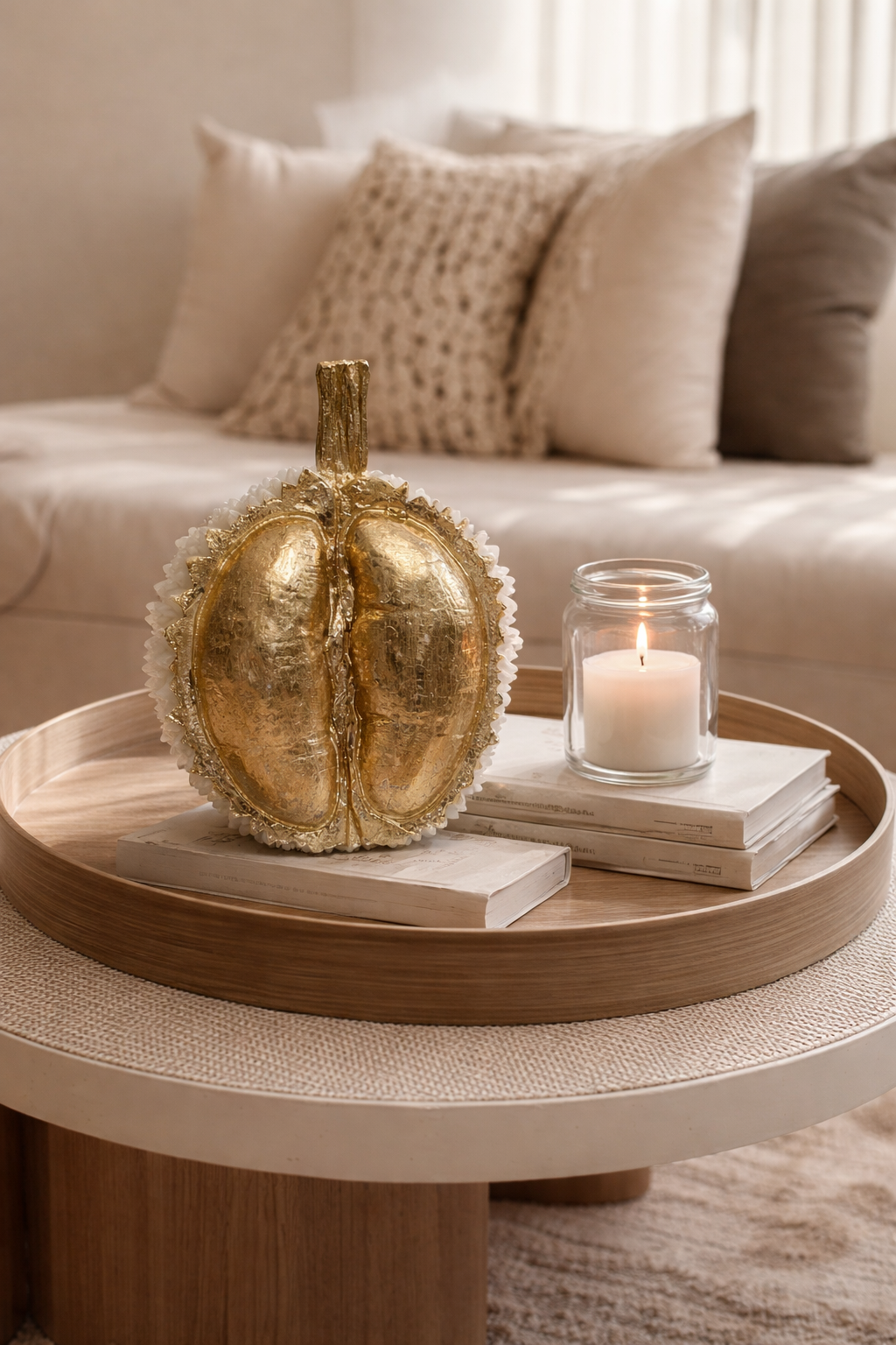 Decorative gold pumpkin on a round wooden table with a candle and books, in a cozy living room setting.