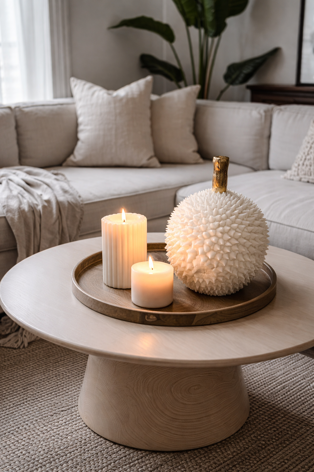 Decorative coffee table with candles and a decorative pumpkin in a living room setting.
