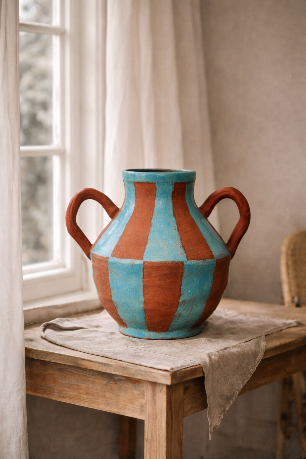 Decorative vase with blue and brown checkered pattern on a wooden table near a window.