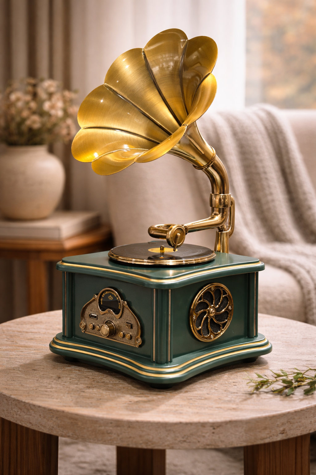 Vintage-style gramophone on a wooden table with a blurred background