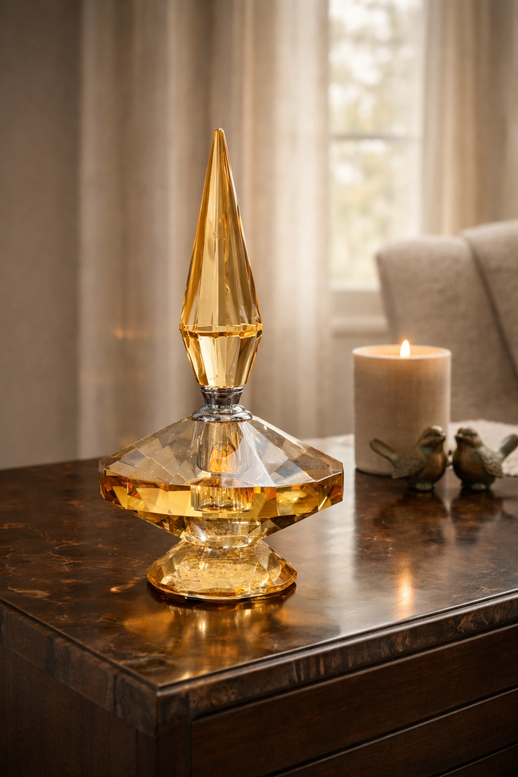 Decorative amber glass bottle on a wooden surface with a candle and birds in the background.