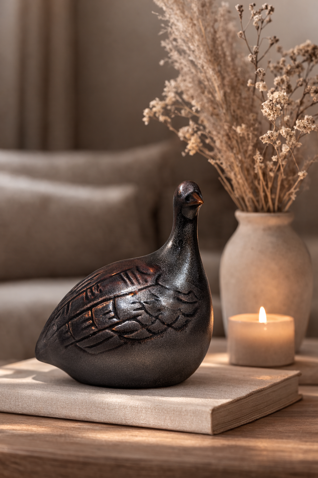 Decorative bird sculpture on a wooden surface with a candle and vase in the background