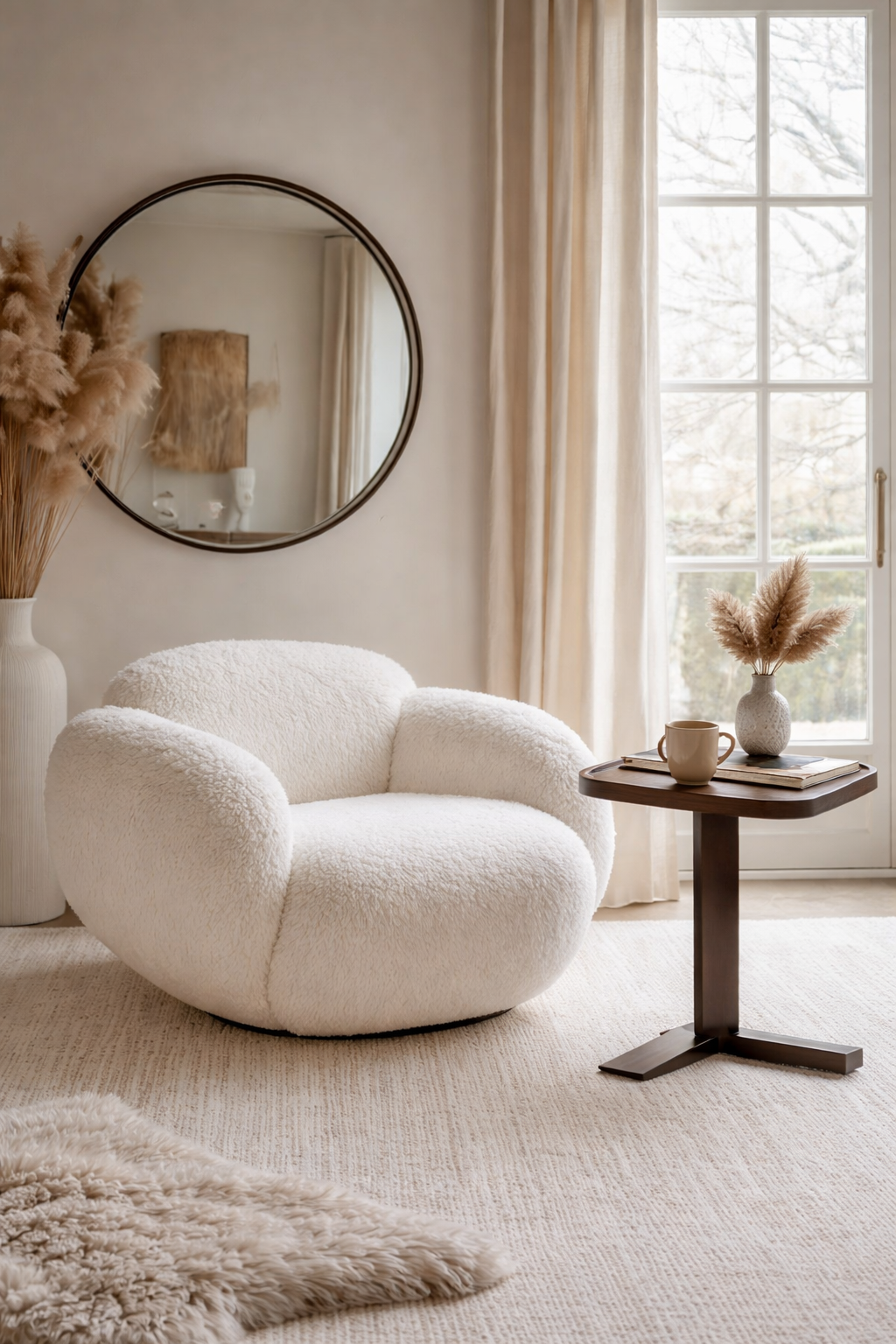 White armchair in a stylish living room with a round mirror and small table.