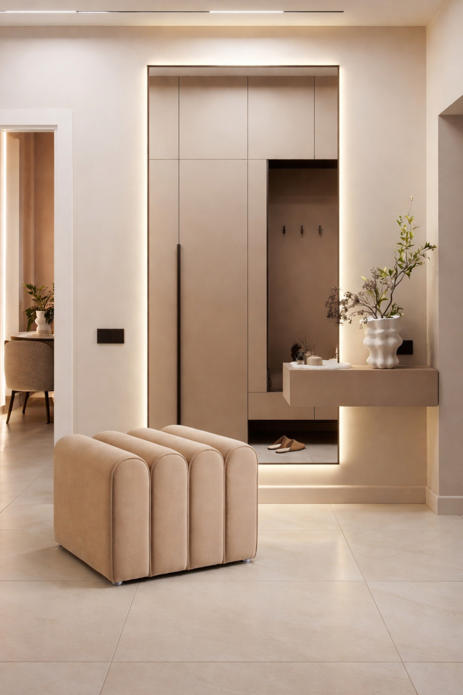 Modern interior with beige furniture and decorative elements