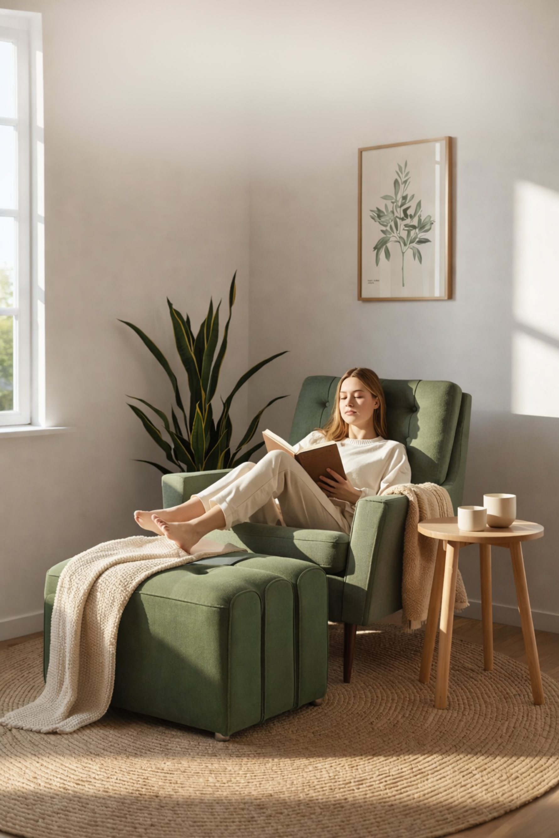 Woman reading a book in a cozy living room with a green armchair and ottoman.