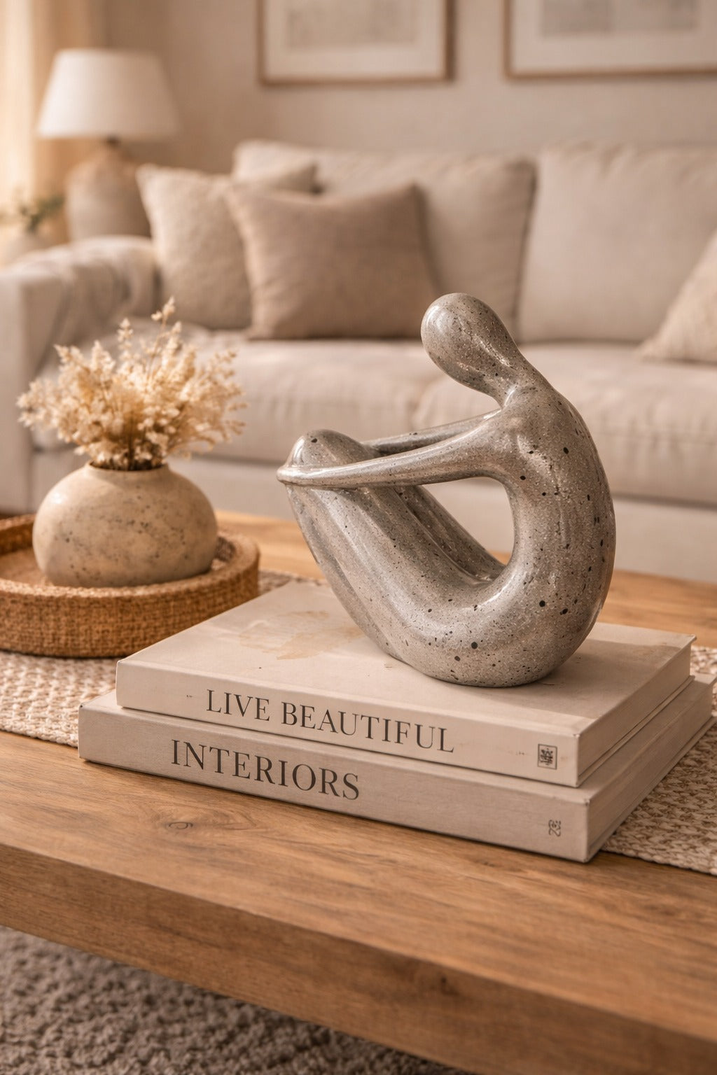 Decorative sculpture on books with 'Live Beautiful Interiors' text in a living room setting