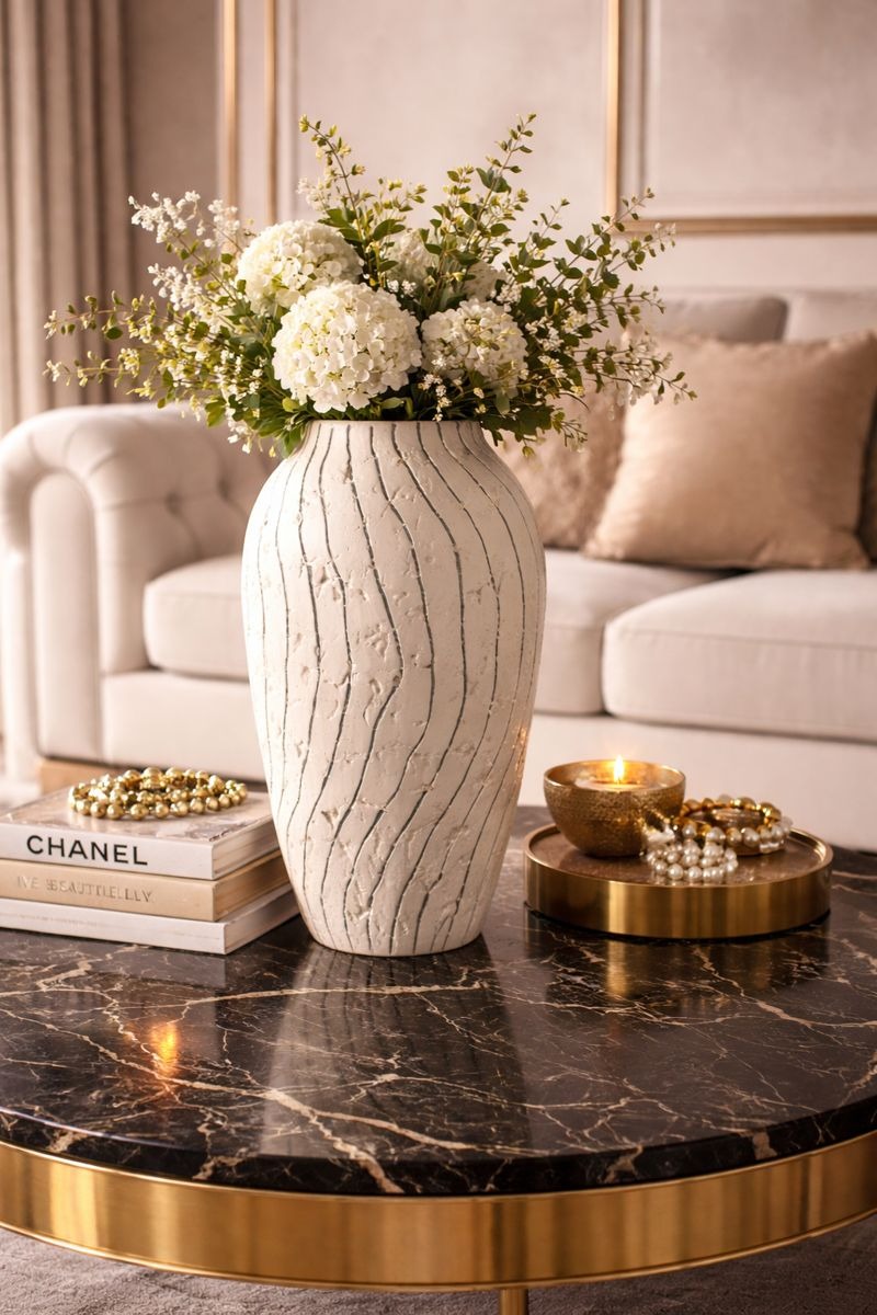 Decorative vase with flowers on a marble table in a living room setting.