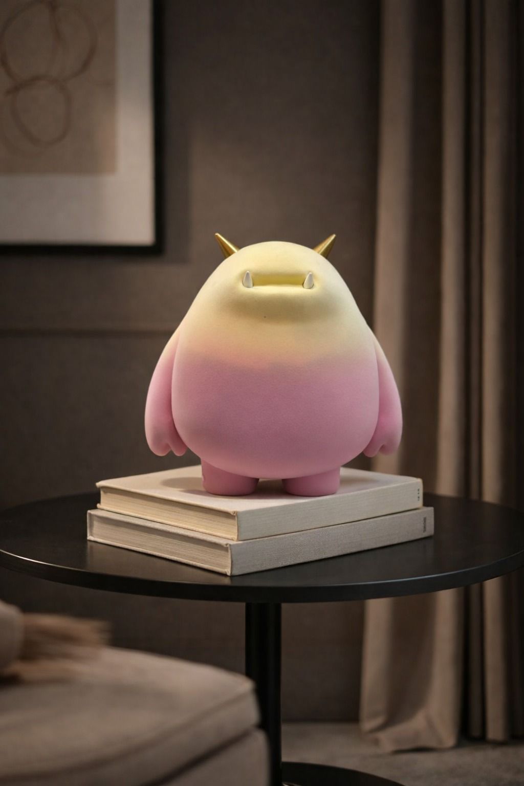 Pink plush toy with a light on top of books on a dark surface