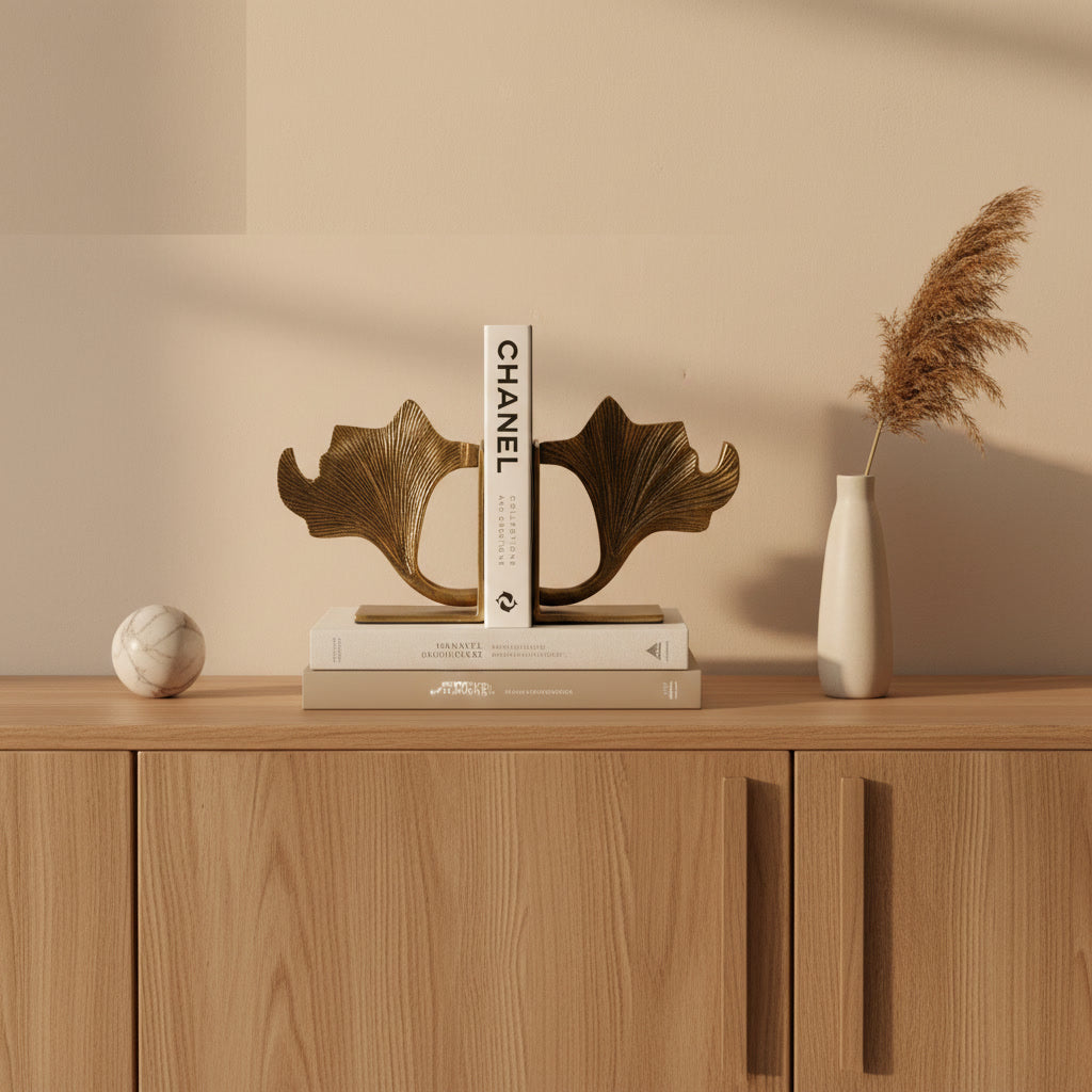 Ginco Gynco brass bookends with sculptural leaf design styled with a book on a wooden console against a neutral wall