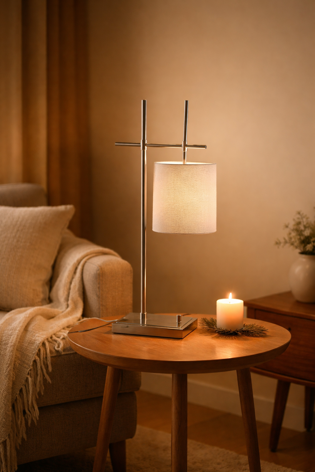 Modern floor lamp with a white shade on a wooden side table in a cozy living room.