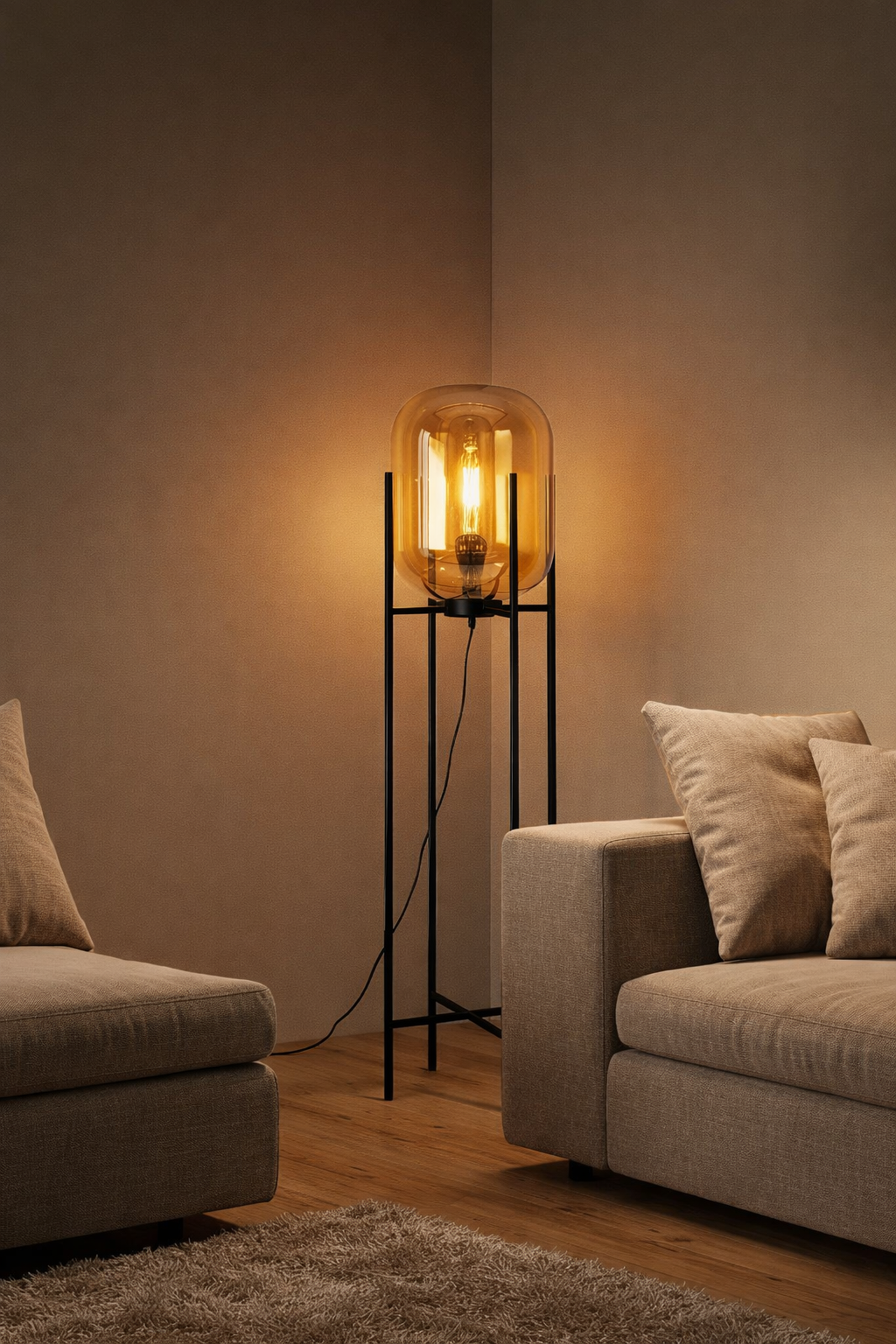 Floor lamp with a warm glow in a living room setting.